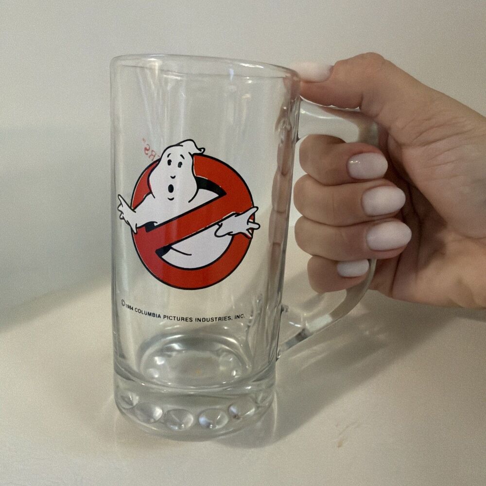 Vintage 1984 Ghostbusters Two Sided Glass Beer Mug COLUMBIA PICTURES